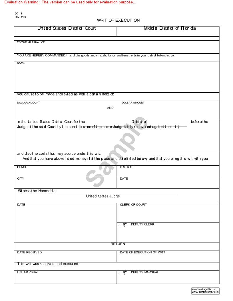 Writ Of Execution {DC-11} | Pdf Fpdf Doc Docx | Florida
