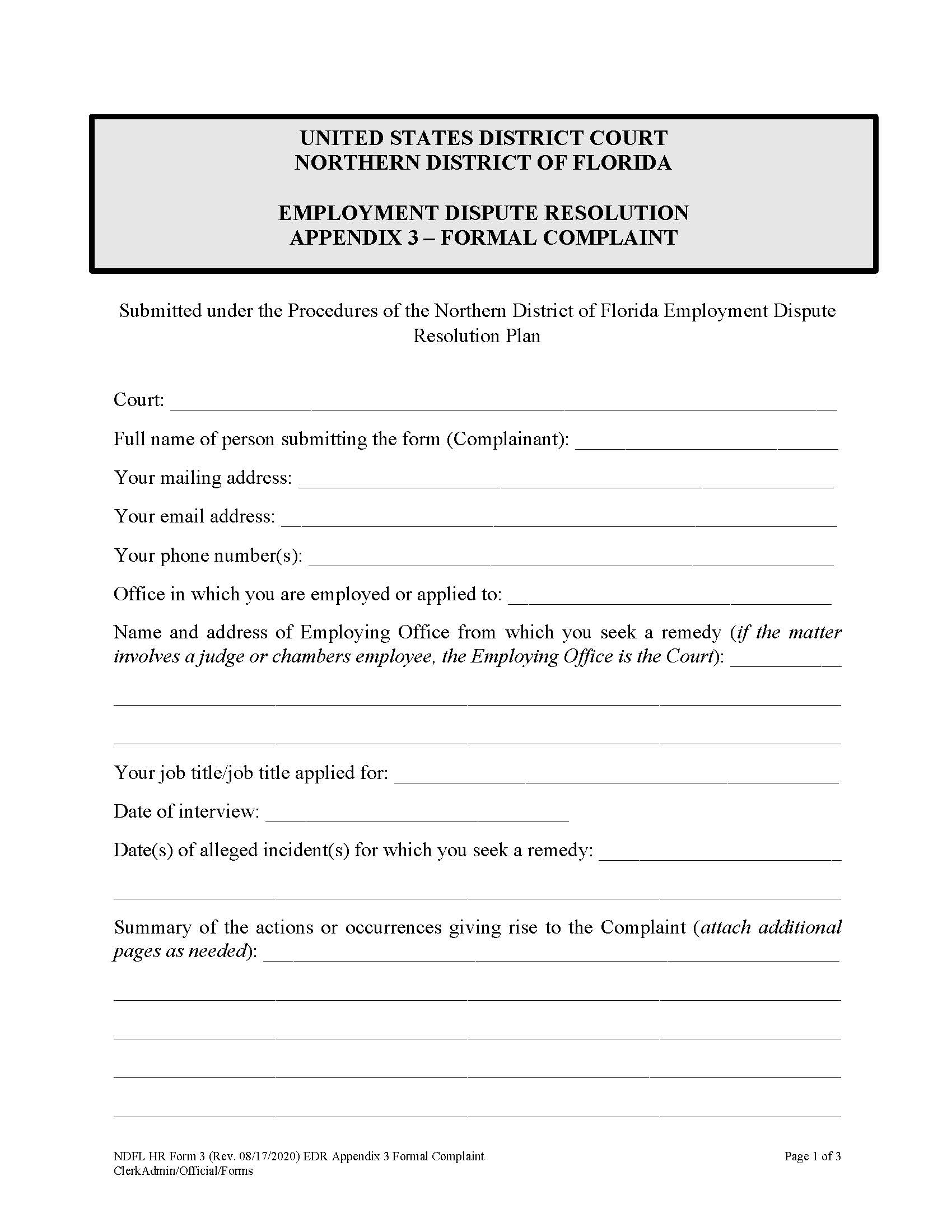 Formal Complaint (Employment Dispute Resolution) {NDFL EDR Appendix 3} | Pdf Fpdf Docx | Florida