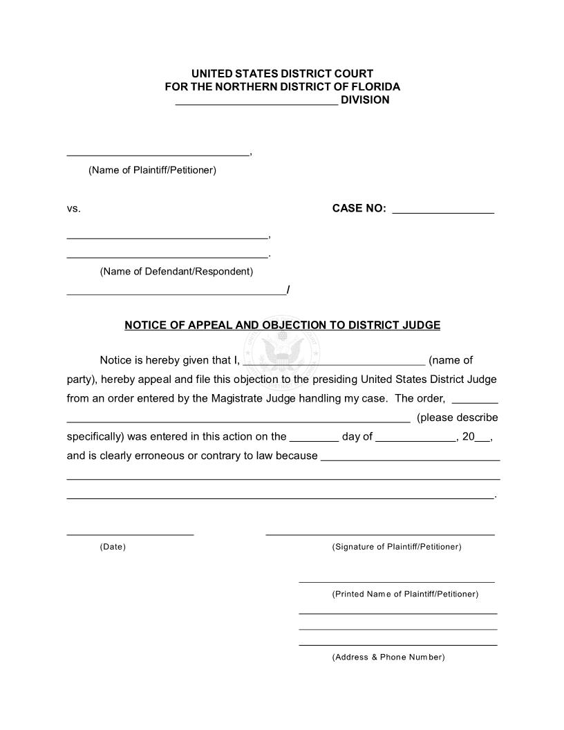 Notice Of Appeal And Objection To District Judge {FLND NoA-ODJ} | Pdf Fpdf Docx | Florida