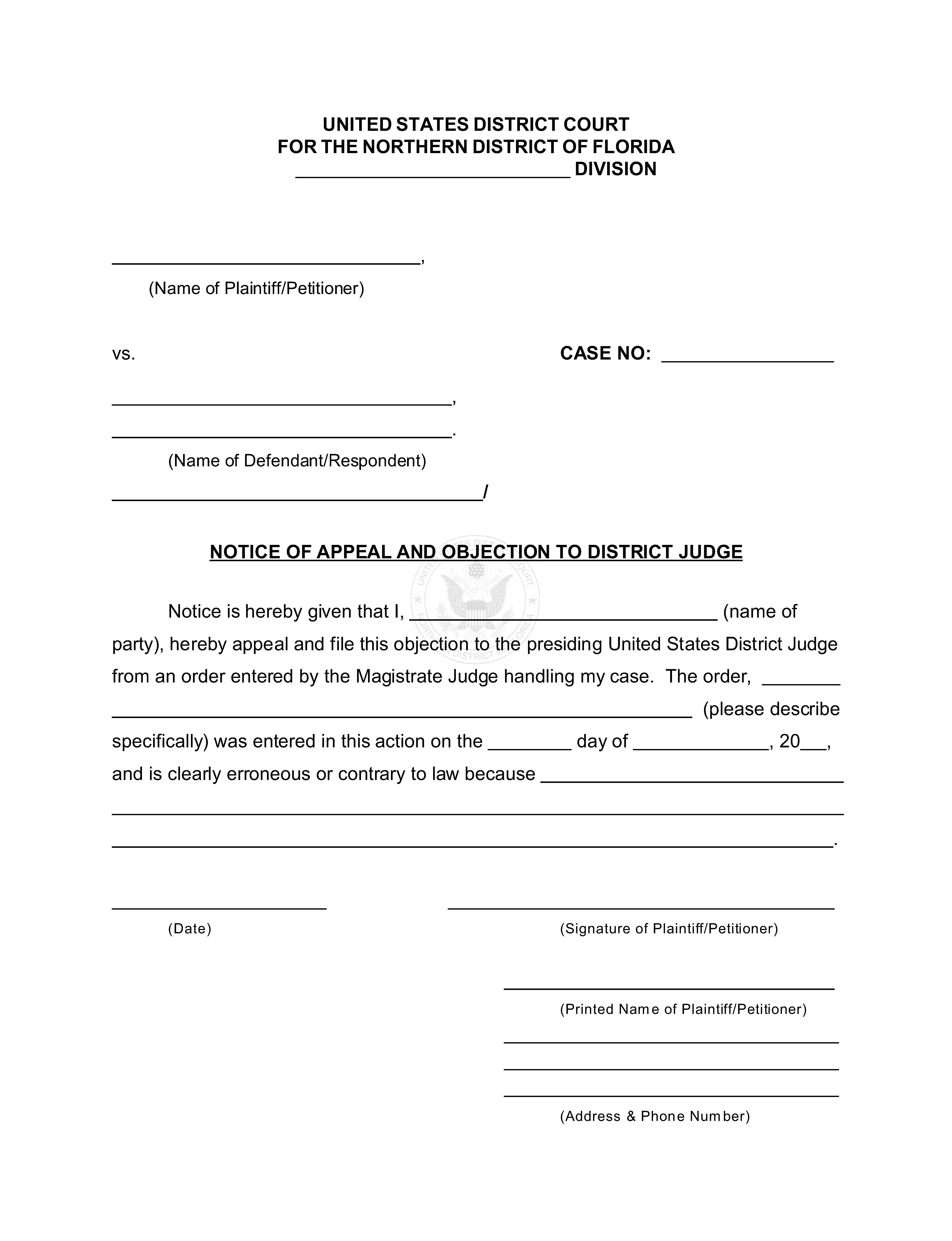 Notice Of Appeal And Objection To District Judge {FLND NoA-ODJ} | Pdf Fpdf Docx | Florida
