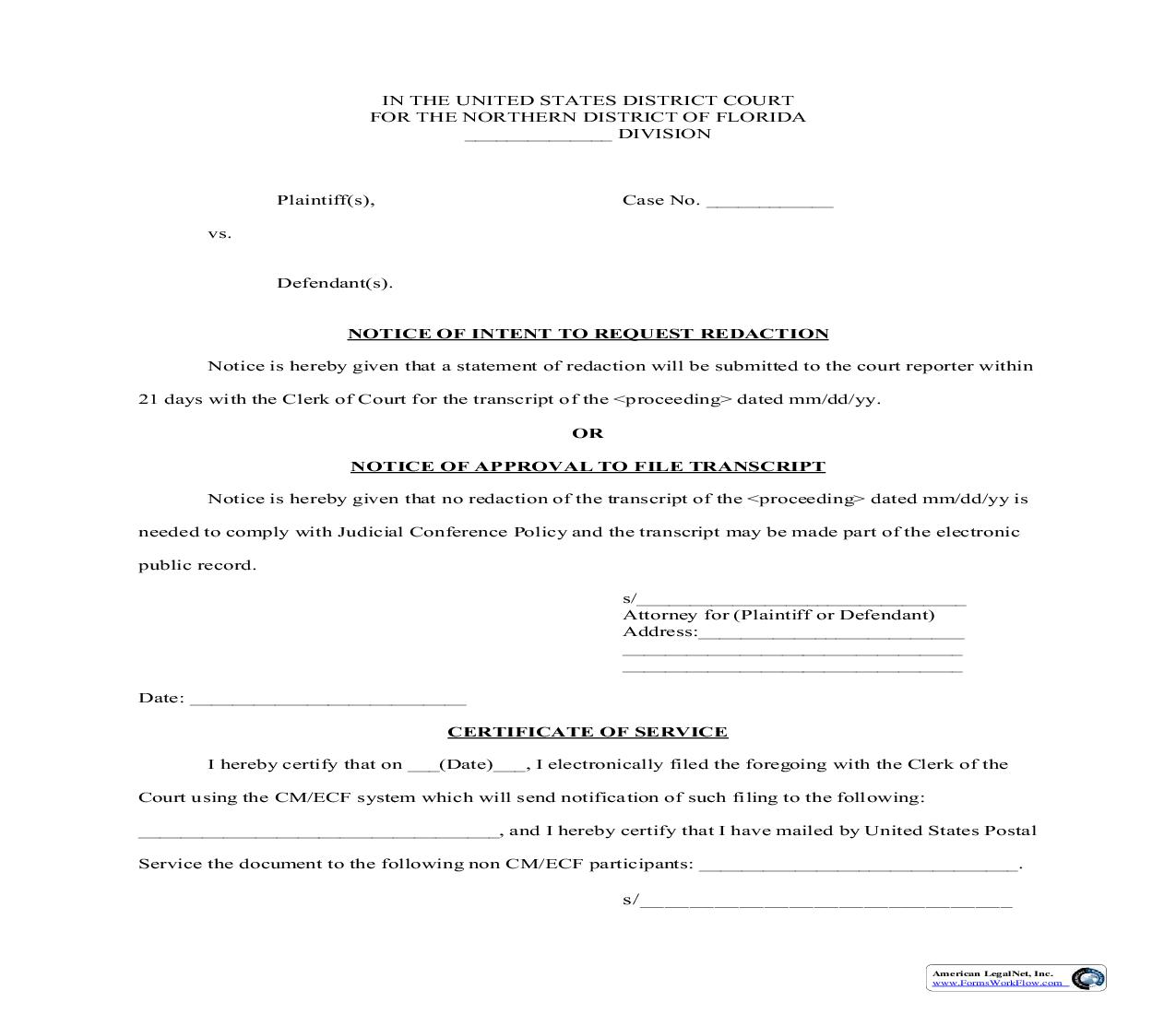 Notice Of Intent To Request Redaction Or Approval To File Transcript | Pdf Fpdf Doc Docx | Florida