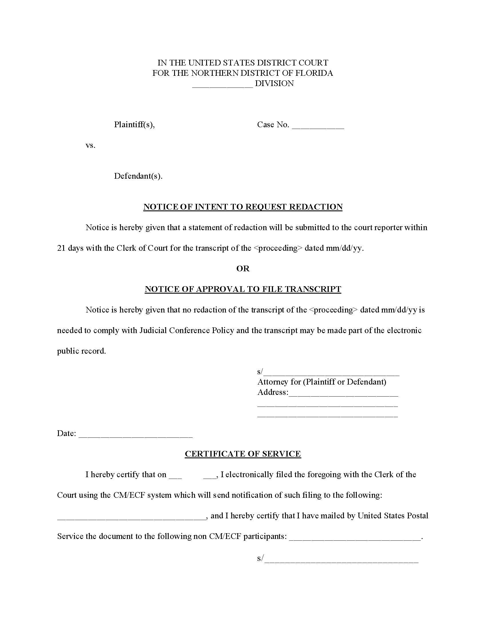 Notice Of Intent To Request Redaction Or Approval To File Transcript | Pdf Fpdf Doc Docx | Florida