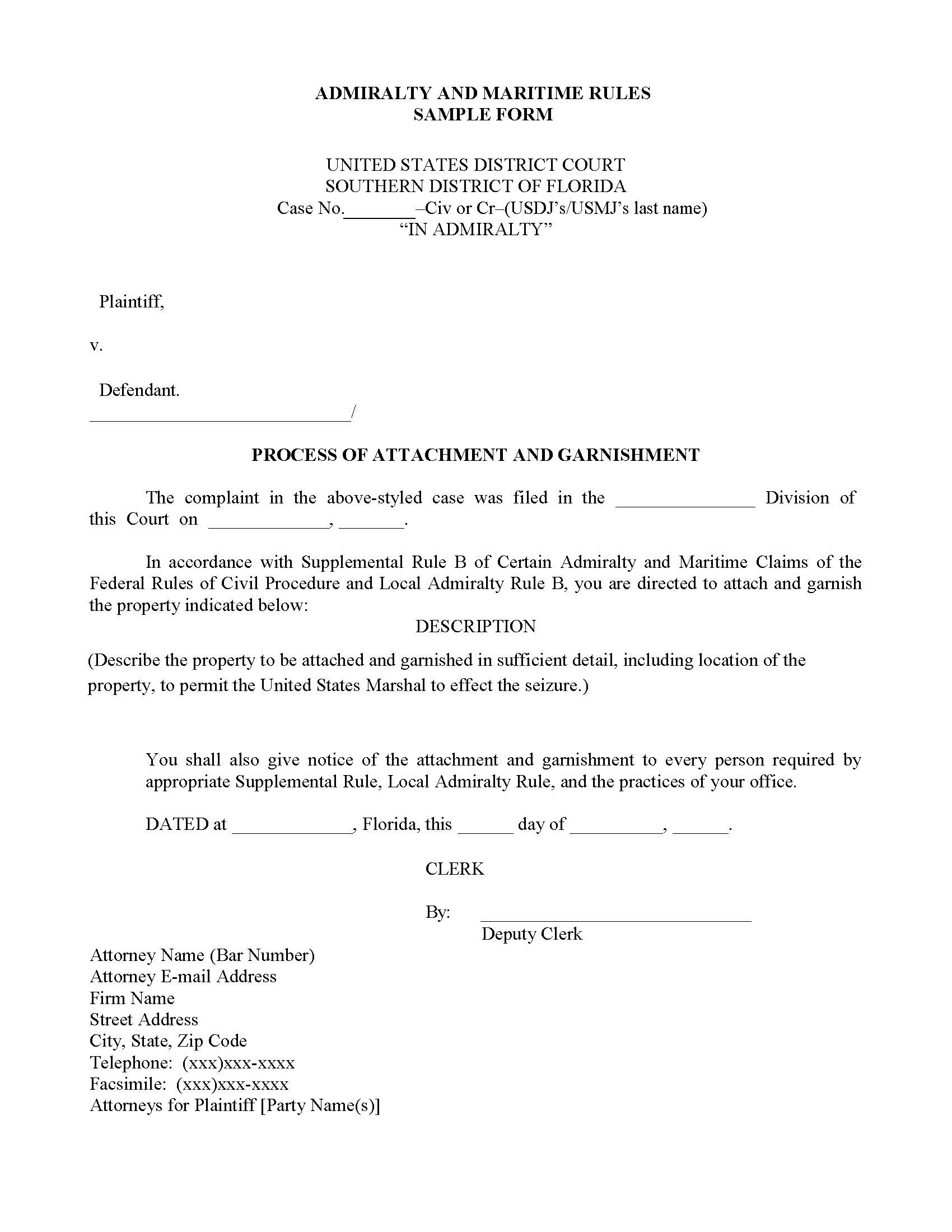 Admiralty And Maritime Process Of Attachment And Garnishment {FLSD AMPAG} | Pdf Fpdf Docx | Florida