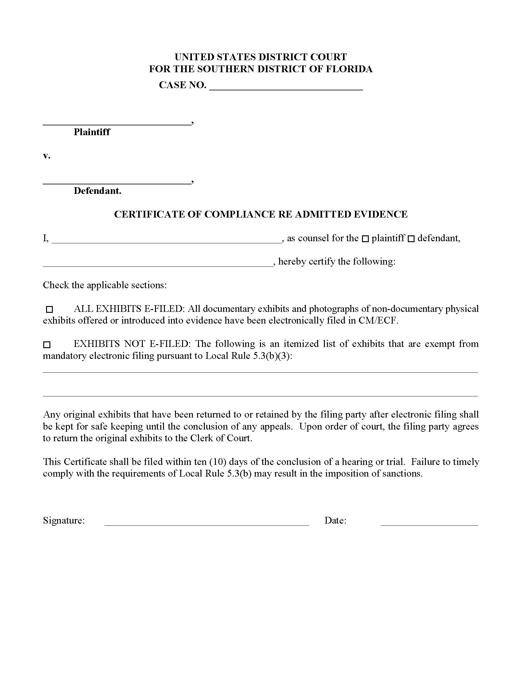 Certificate Of Compliance Admitted Evidence {FLSD CoCAE} | Pdf Fpdf Docx | Florida