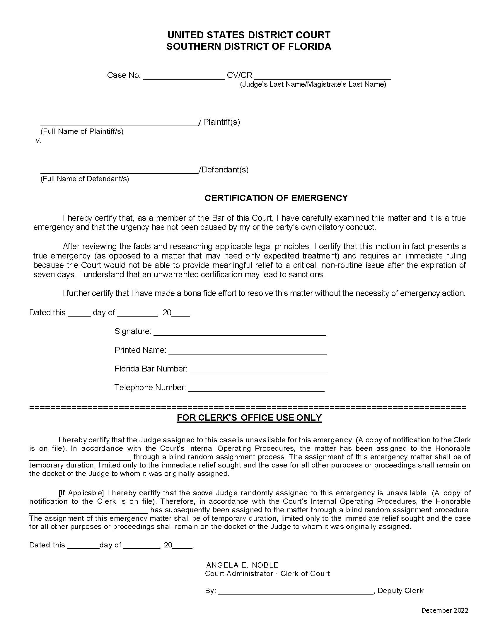 Certification Of Emergency {FLSD COE} | Pdf Fpdf Docx | Florida