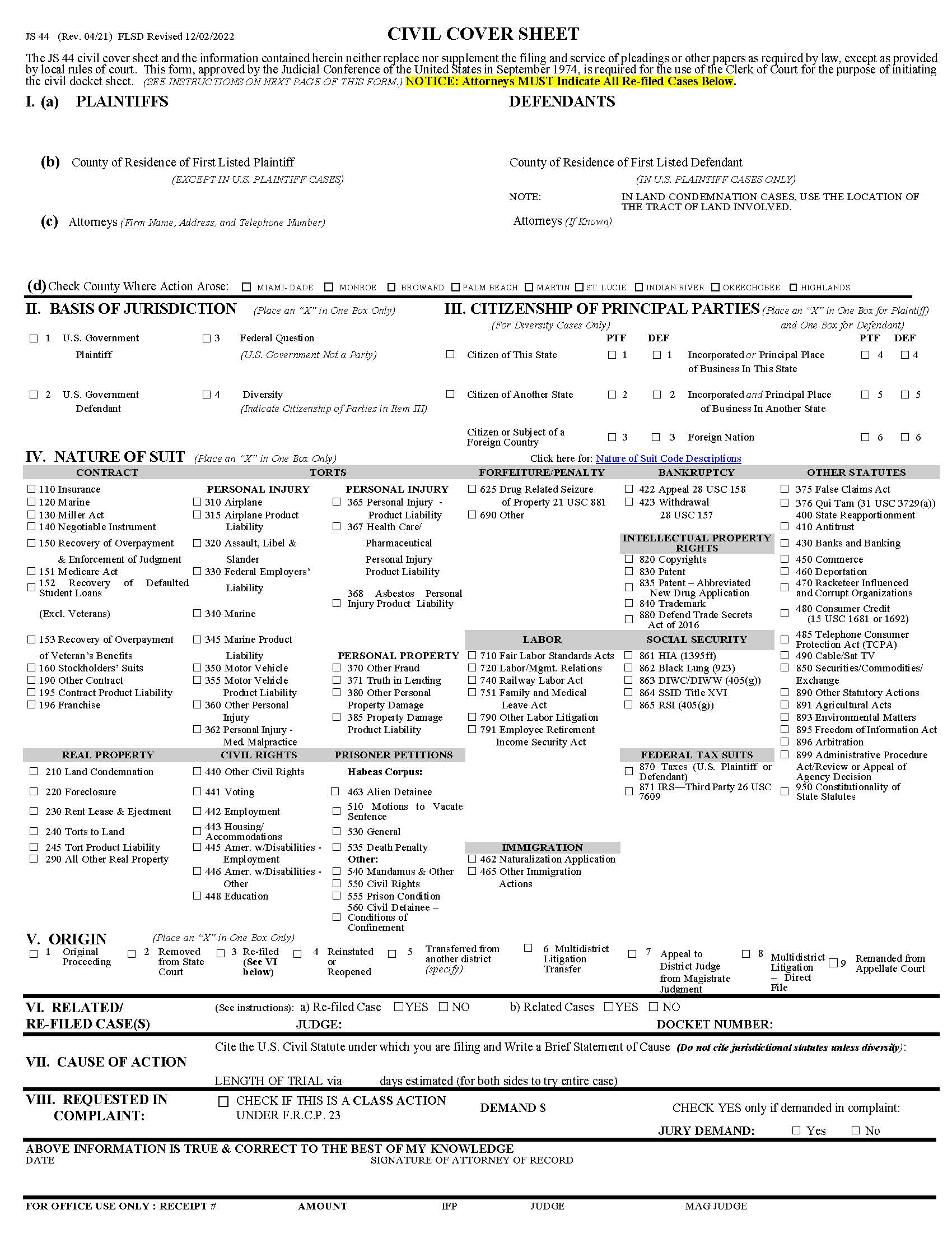 Civil Cover Sheet (FLSD) {JS-44} | Pdf Fpdf Docx | Florida