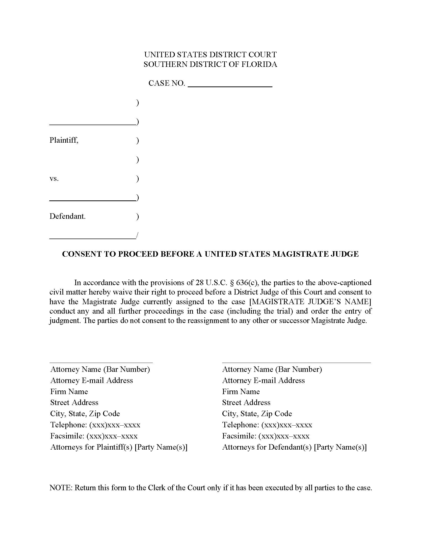 Consent To Proceed Before US Magistrate Judge {FLSD CONMAG} | Pdf Fpdf Docx | Florida