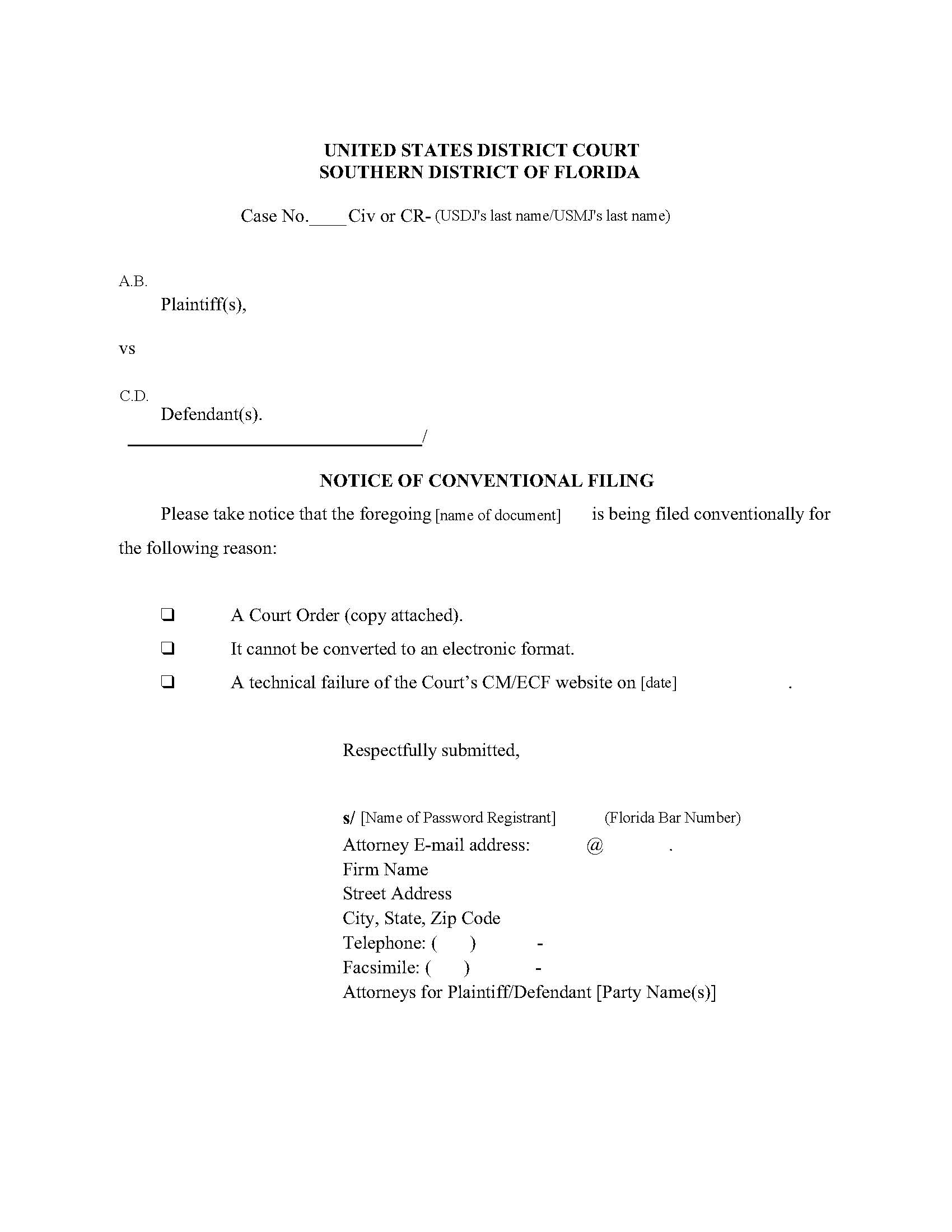 Notice Of Conventional Filing (CM-ECF) | Pdf Fpdf Doc Docx | Florida