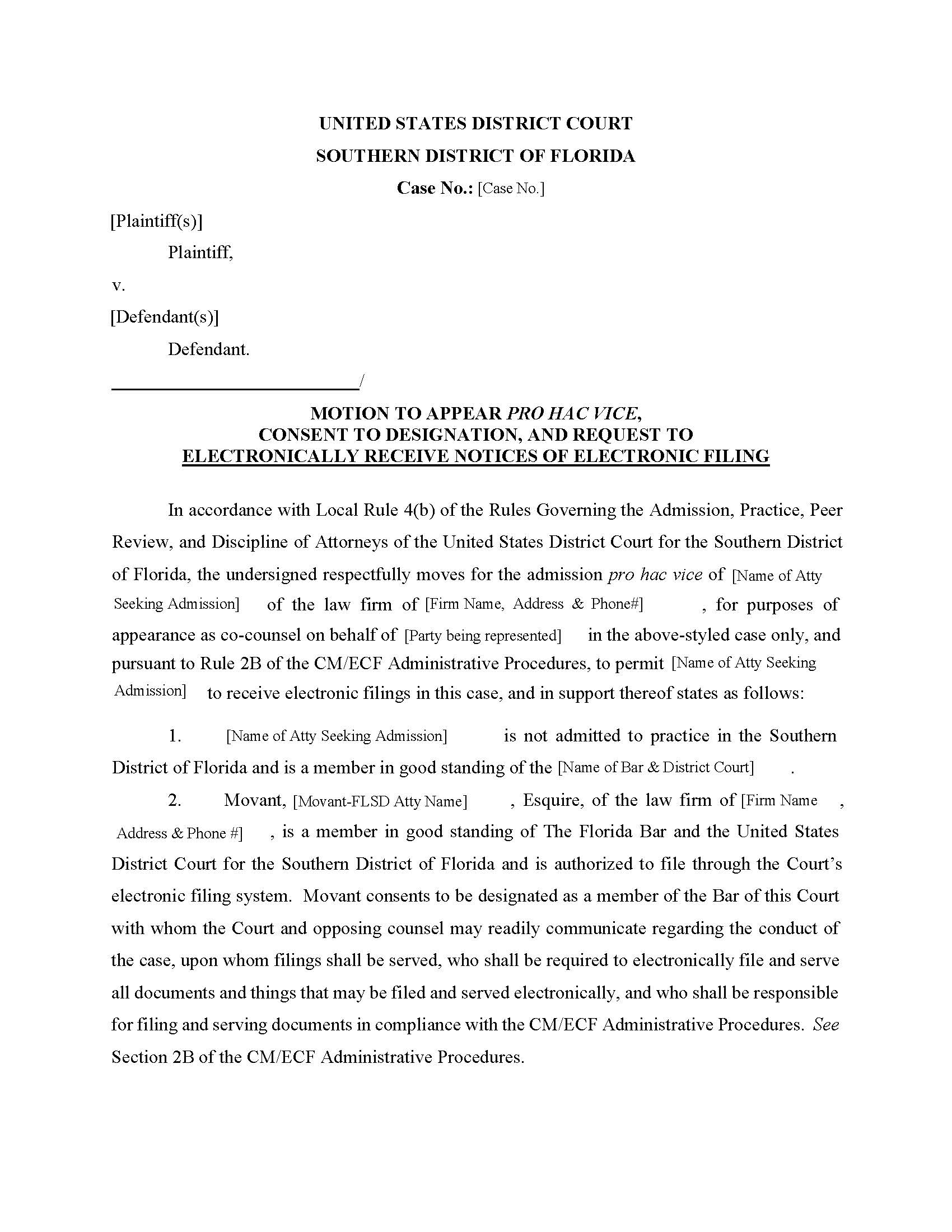 Pro Hac Vice - Motion To Appear PHV Certification And Order {FLSD PHV-MCO} | Pdf Fpdf Docx | Florida
