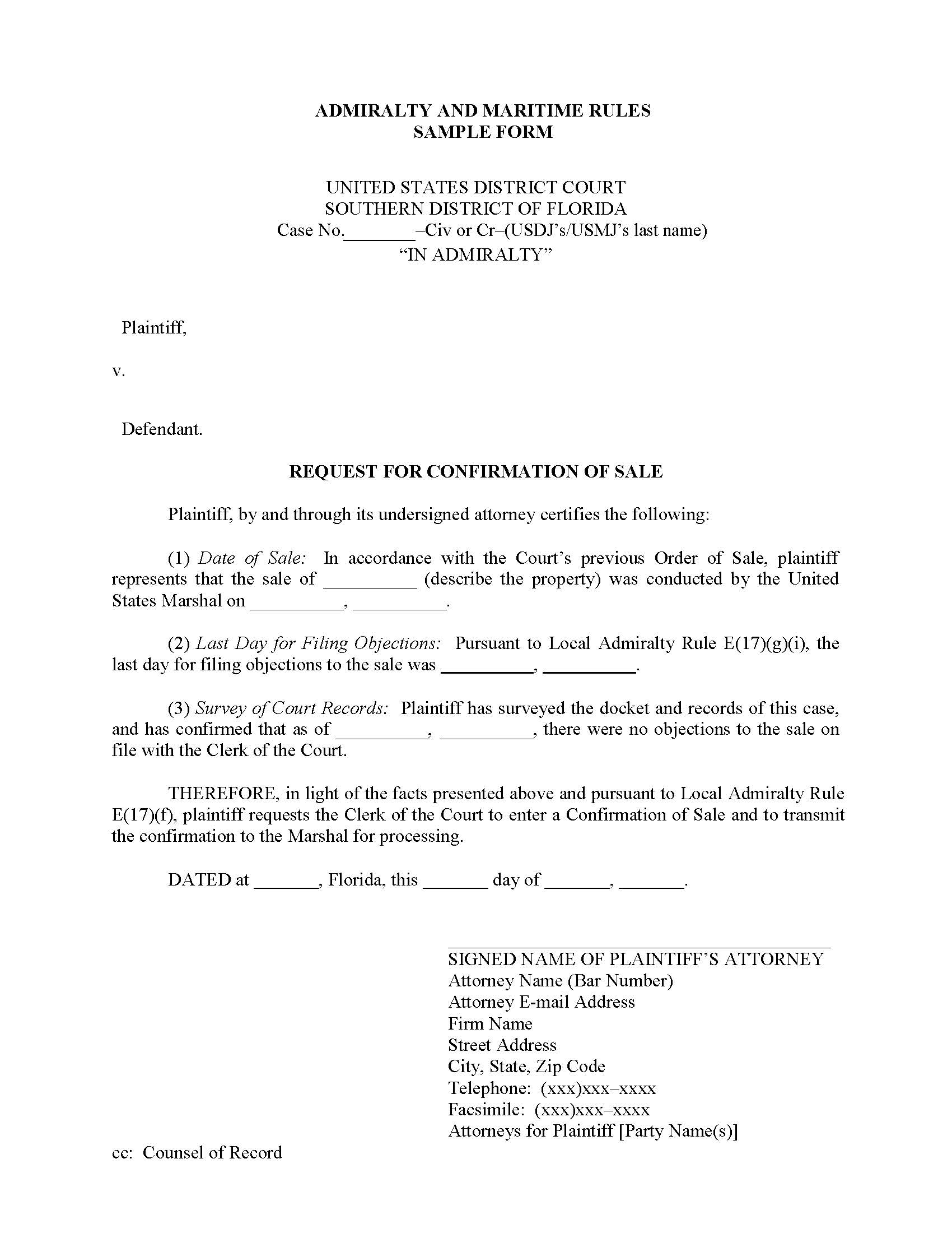 Request For Confirmation Of Sale {FLSD RCS} | Pdf Fpdf Docx | Florida