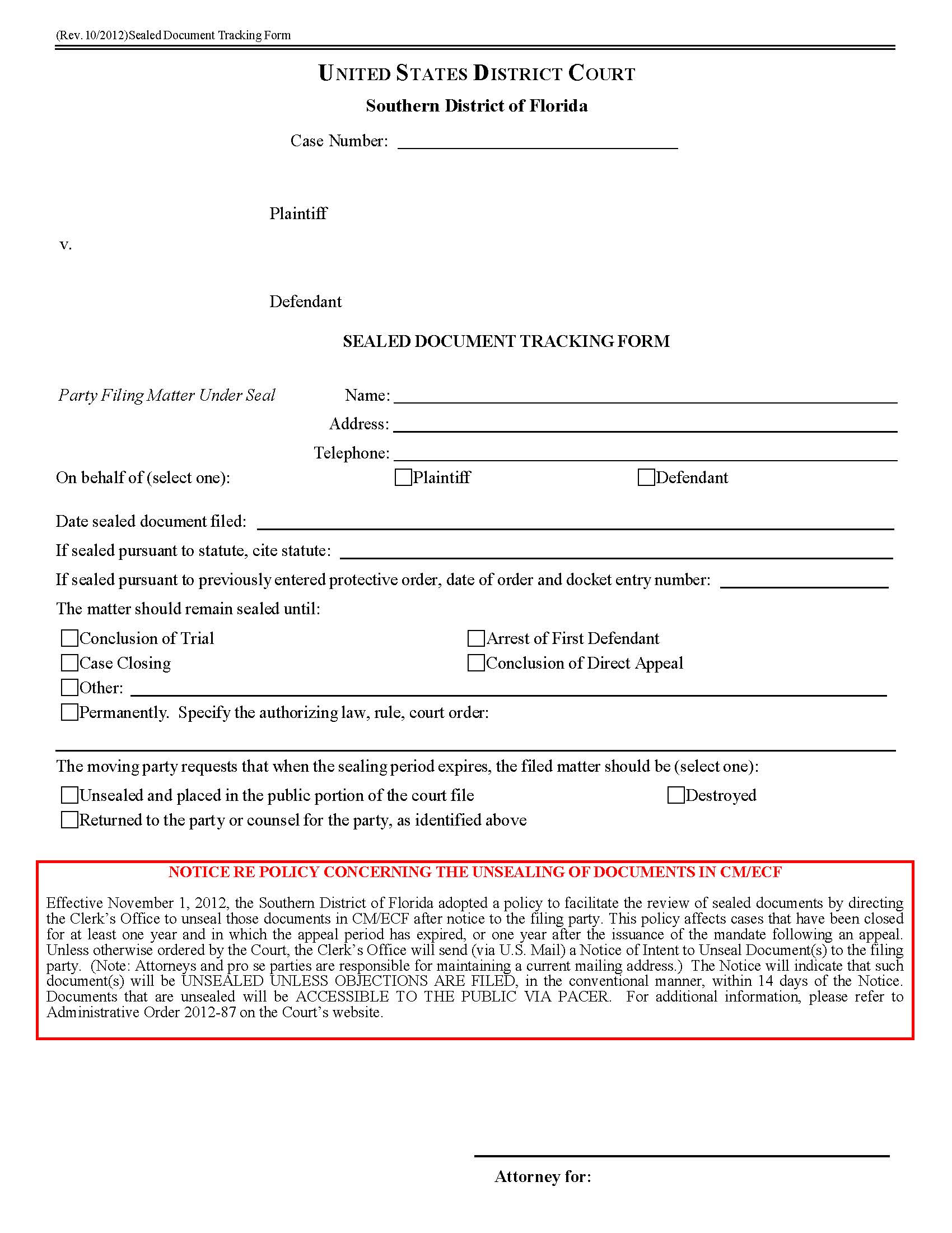 Sealed Document Tracking Form {FLSD SDTF} | Pdf Fpdf Doc Docx | Florida