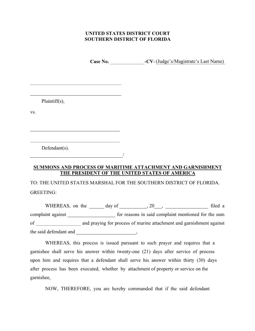 Summons And Process Of Maritime Attachment And Garnishment {FLSD SPMAG} | Pdf Fpdf Docx | Florida