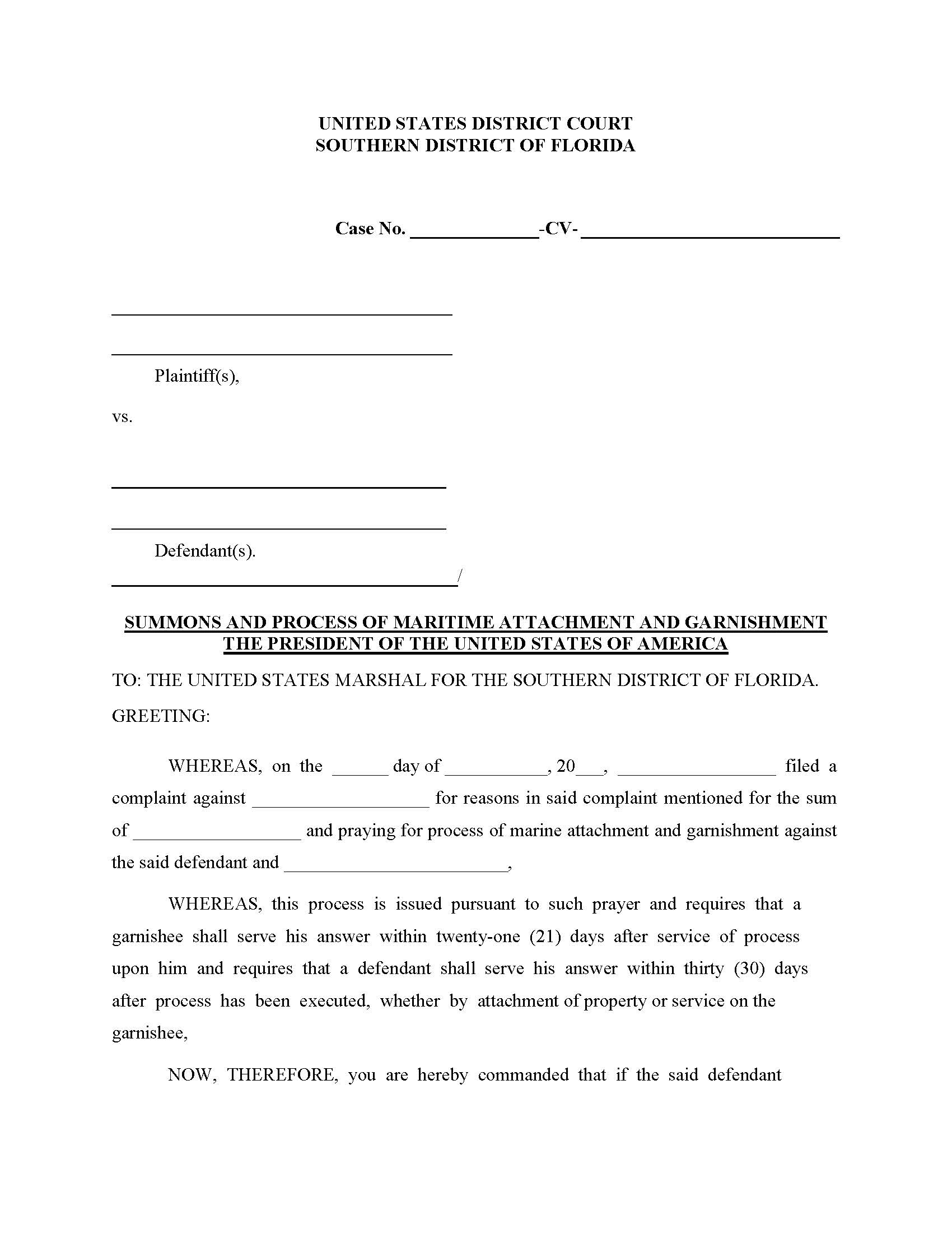 Summons And Process Of Maritime Attachment And Garnishment {FLSD SPMAG} | Pdf Fpdf Docx | Florida