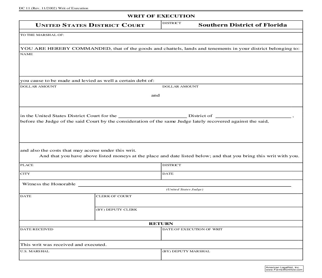 Writ Of Execution (FLSD) {DC 11} | Pdf Fpdf Doc Docx | Florida