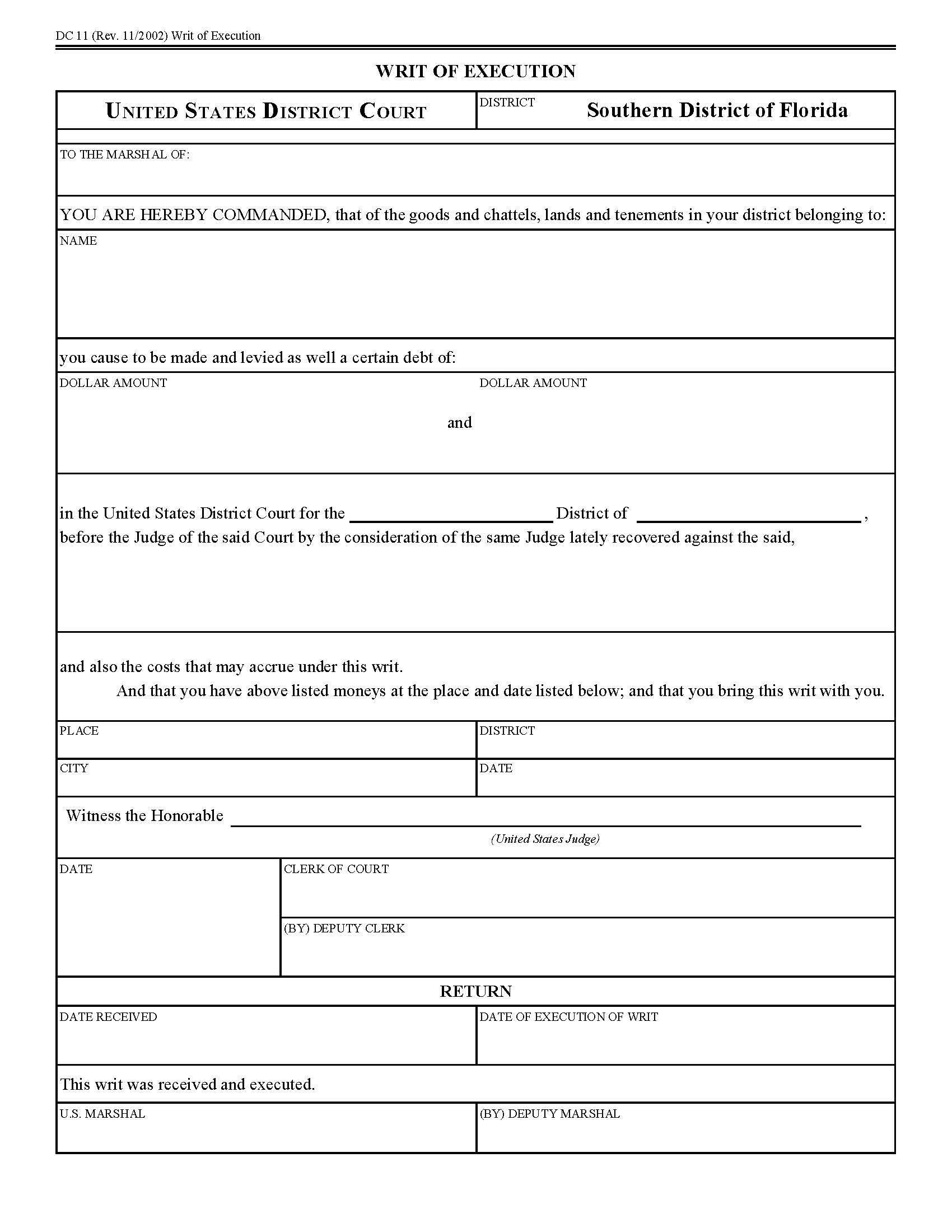 Writ Of Execution (FLSD) {DC 11} | Pdf Fpdf Doc Docx | Florida