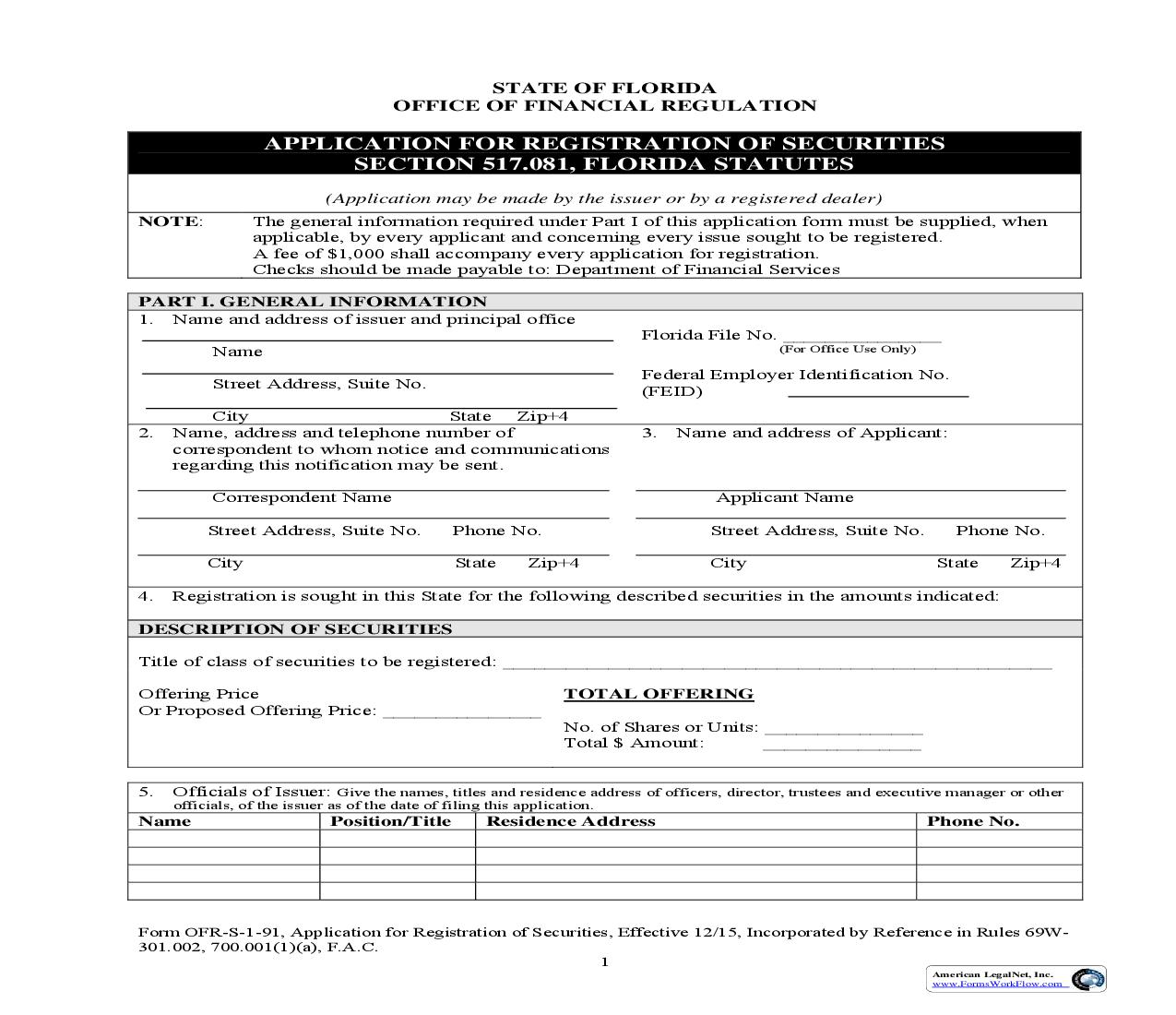 Application For Registration Of Securities {OFR-S-1-91} | Pdf Fpdf Docx | Florida