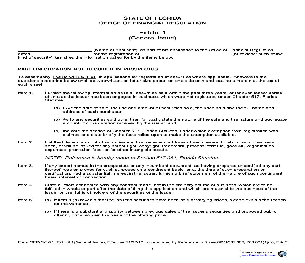 Exhibit I (General Issue) {OFR-S-7-91} | Pdf Fpdf Docx | Florida