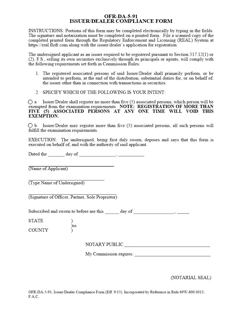 Issuer Dealer Compliance Form {OFR-DA-5-91} | Pdf Fpdf Docx | Florida