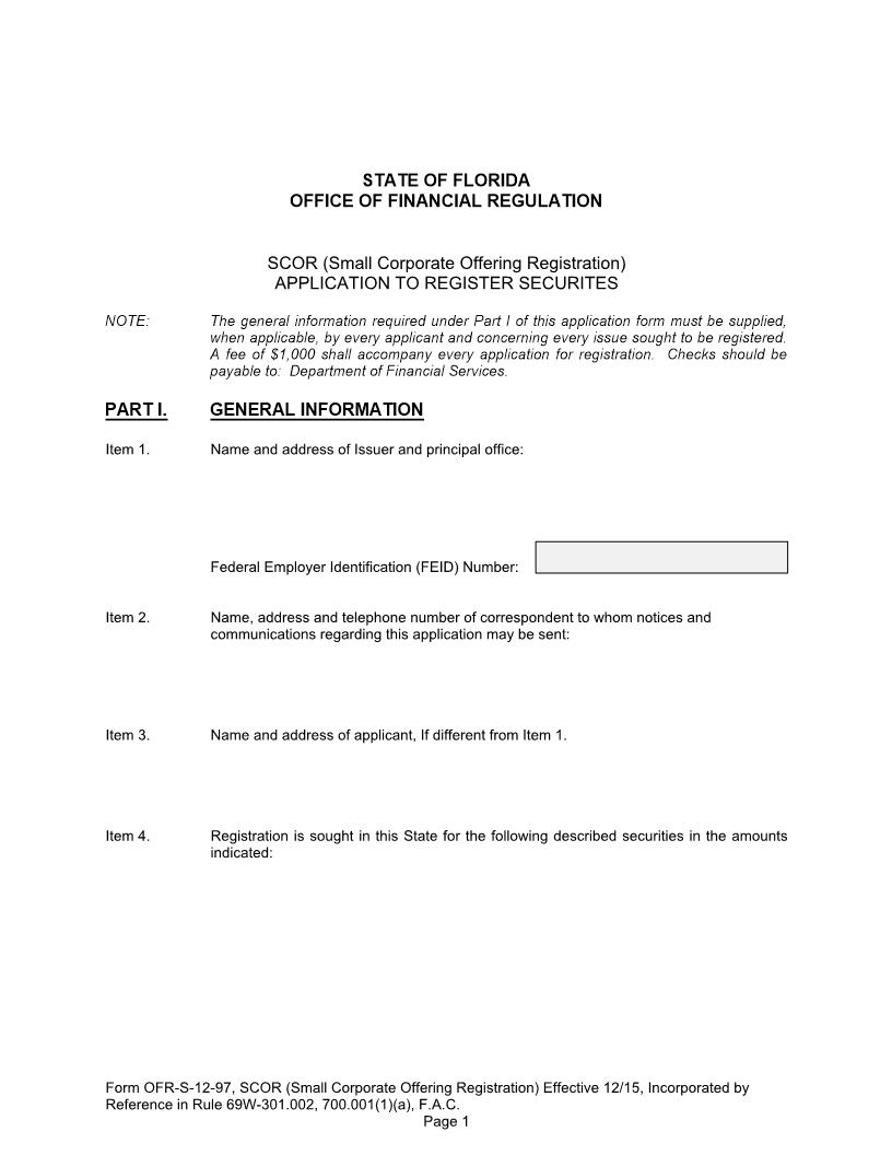 Small Corporate Offering Registration Application To Register Securities {OFR-S-12-97} | Pdf Fpdf Docx | Florida