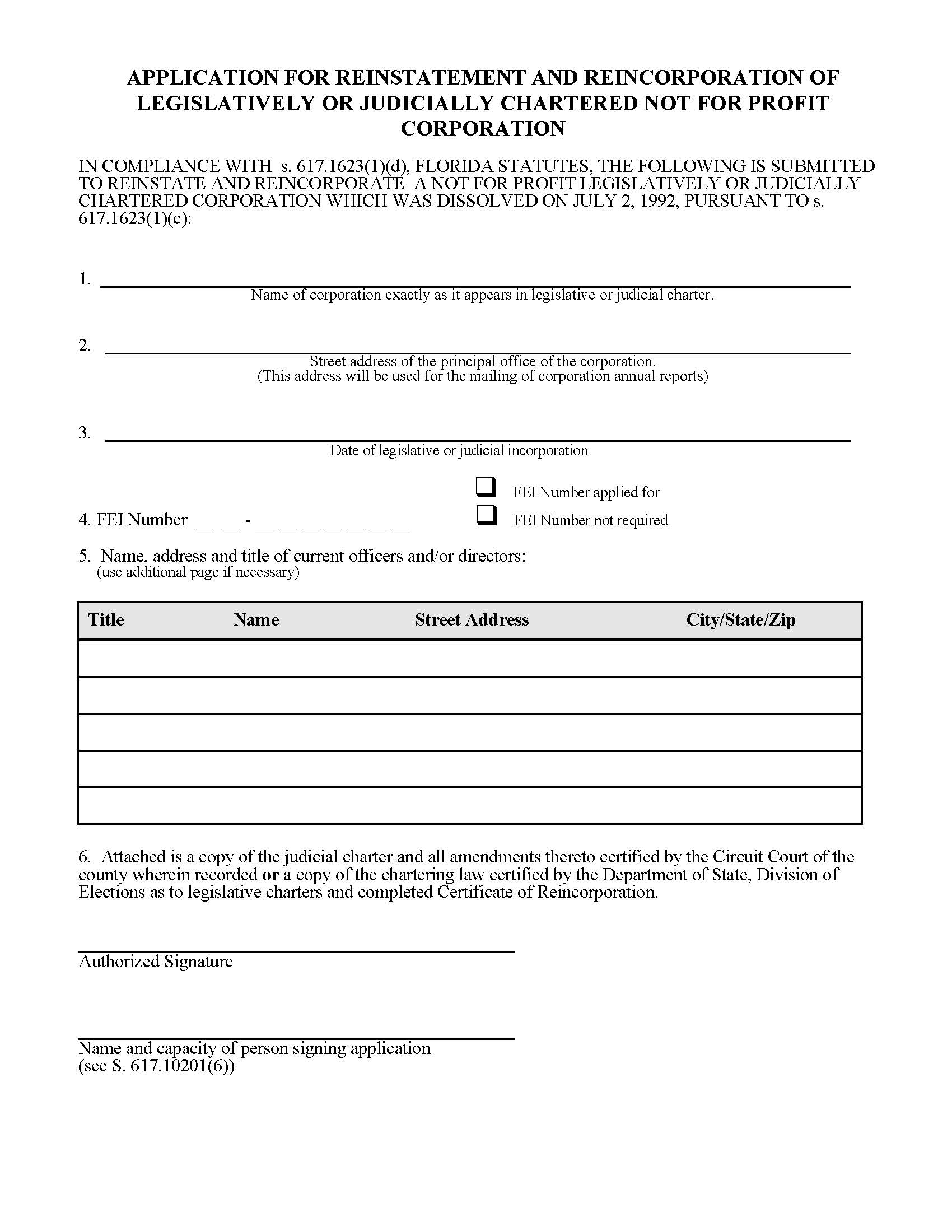 Application For Reinstatement And Reincorporation Of Legislatively Or Judicially Chartered Not For Profit Corporation {CR2E035} | Pdf Fpdf Doc Docx | Florida