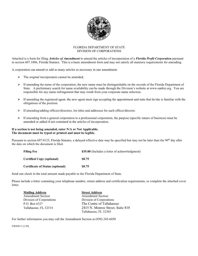 Articles Of Amendment To Articles Of Incorporation (Florida Profit Corporation) {CR2E011} | Pdf Fpdf Doc Docx | Florida