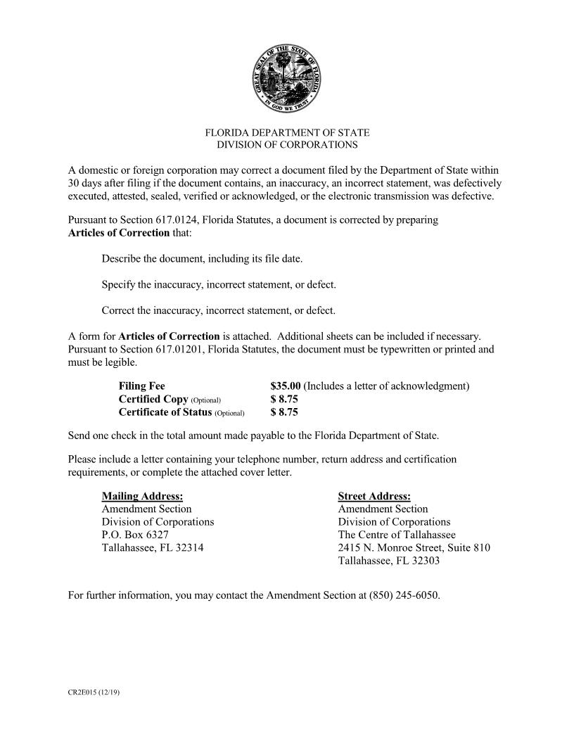 Articles Of Correction {CR2E015} | Pdf Fpdf Doc Docx | Florida