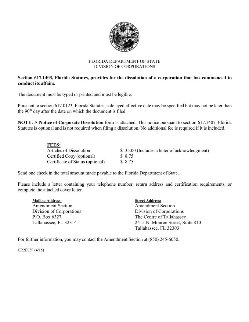 Articles Of Dissolution (Florida Not For Profit Corporation) {CR2E059} | Pdf Fpdf Doc Docx | Florida