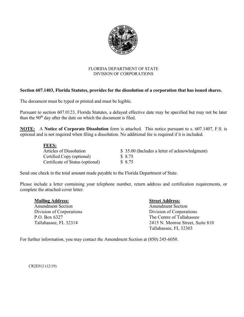 Articles Of Dissolution (Florida Profit Corporation) {CR2E012} | Pdf Fpdf Doc Docx | Florida