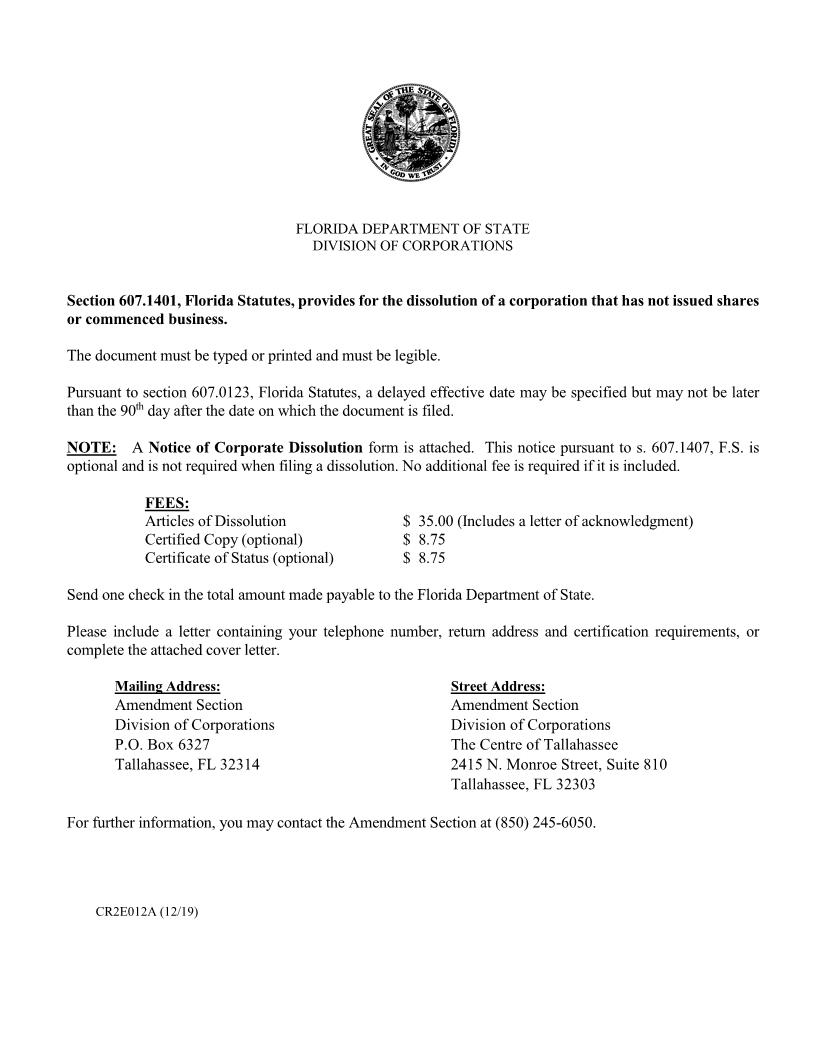 Articles Of Dissolution Prior To Commencement Of Business (Florida Profit Corporation) {CR2E012a} | Pdf Fpdf Doc Docx | Florida