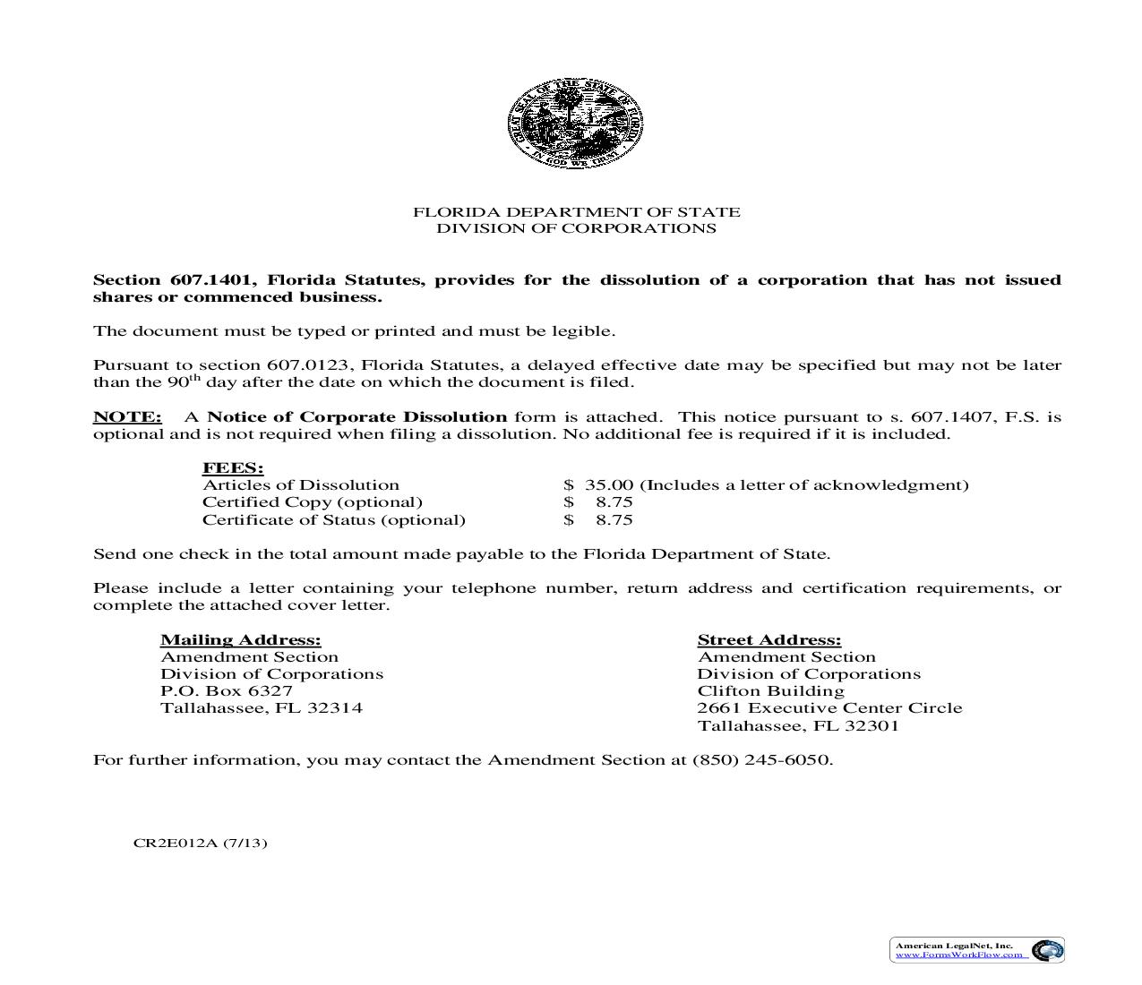 Articles Of Dissolution Prior To Issuance Of Shares-Commencement of Business (Florida Profit Corporation) {CR2E050} | Pdf Fpdf Doc Docx | Florida