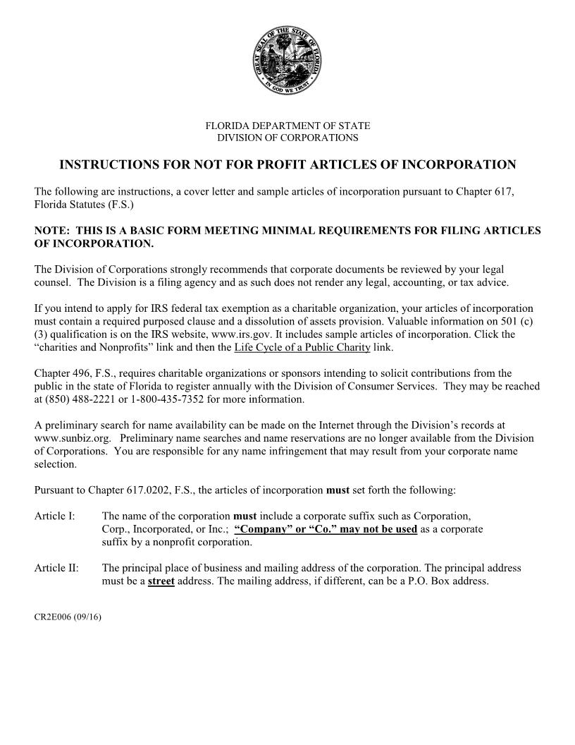 Articles Of Incorporation (Florida Not For Profit Corporation) {CR2E006} | Pdf Fpdf Doc Docx | Florida