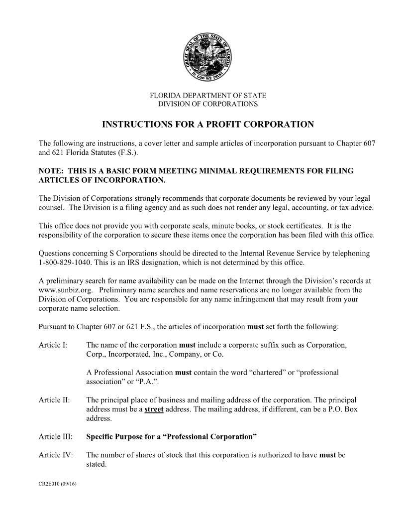 Articles Of Incorporation (Florida Profit Corporation) {CR2E010} | Pdf Fpdf Doc Docx | Florida