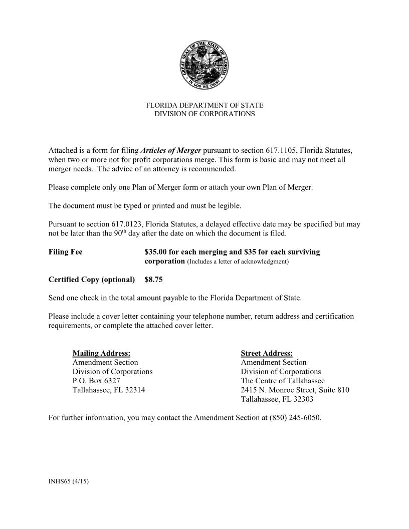 Articles Of Merger (Florida Not For Profit Corporations) {INHS65} | Pdf Fpdf Doc Docx | Florida