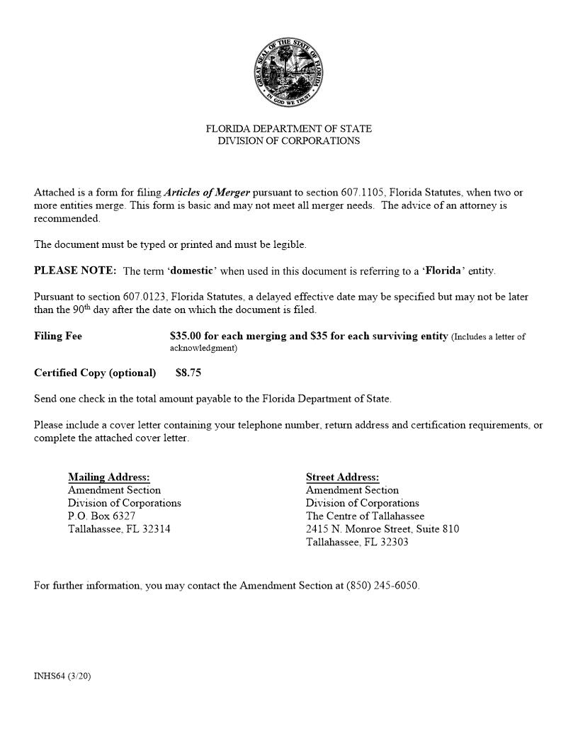 Articles Of Merger (Florida Profit Corporations) {INHS64} | Pdf Fpdf Doc Docx | Florida