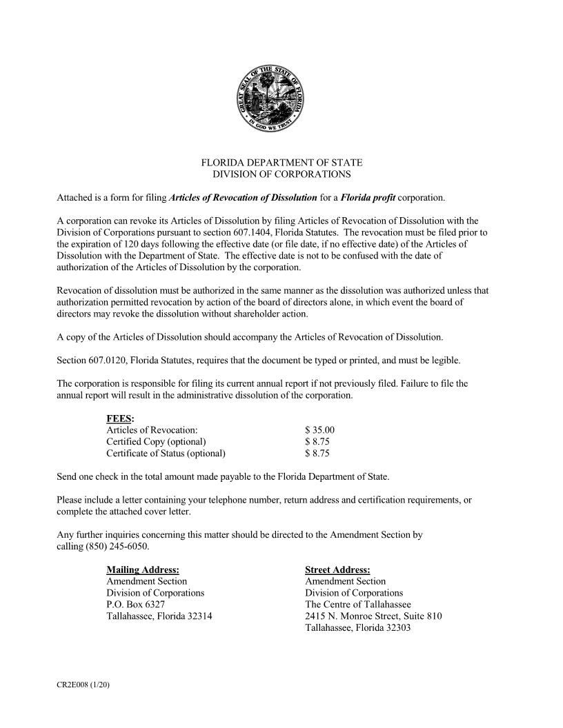 Articles Of Revocation Of Dissolution (Florida Profit Corporation) {CR2E008} | Pdf Fpdf Doc Docx | Florida