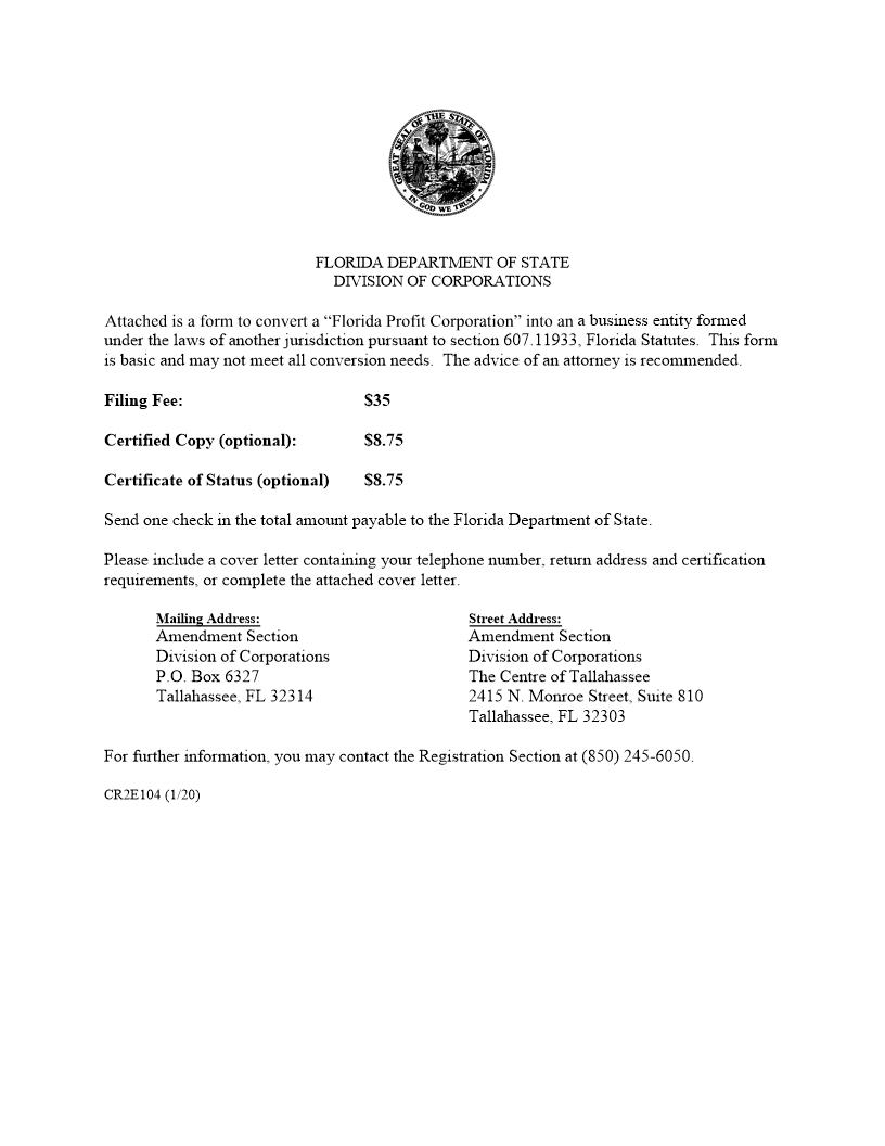 Certificate Of Conversion (Florida Profit Corporation Into Other Business Entity {CR2E104} | Pdf Fpdf Doc Docx | Florida