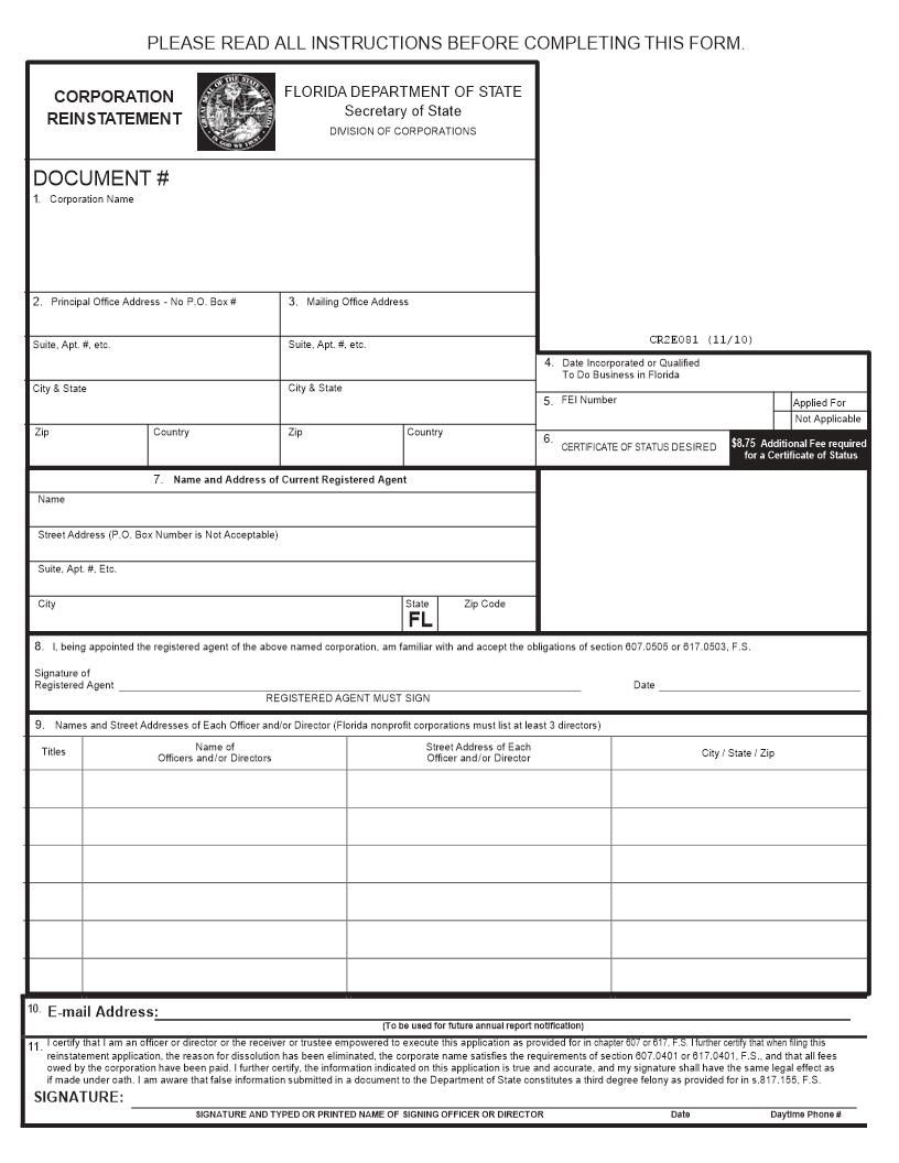 Corporation Reinstatement {CR2E081} | Pdf Fpdf Doc Docx | Florida