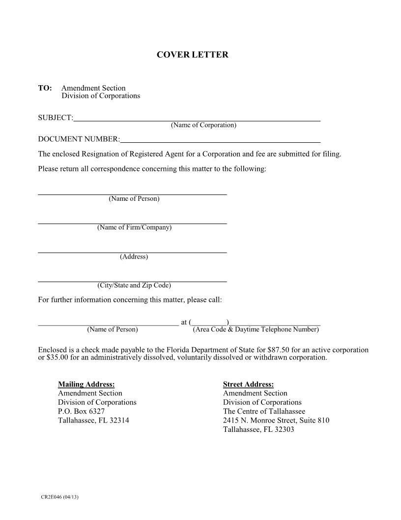 Resignation Of Registered Agent {CR2E046} | Pdf Fpdf Doc Docx | Florida