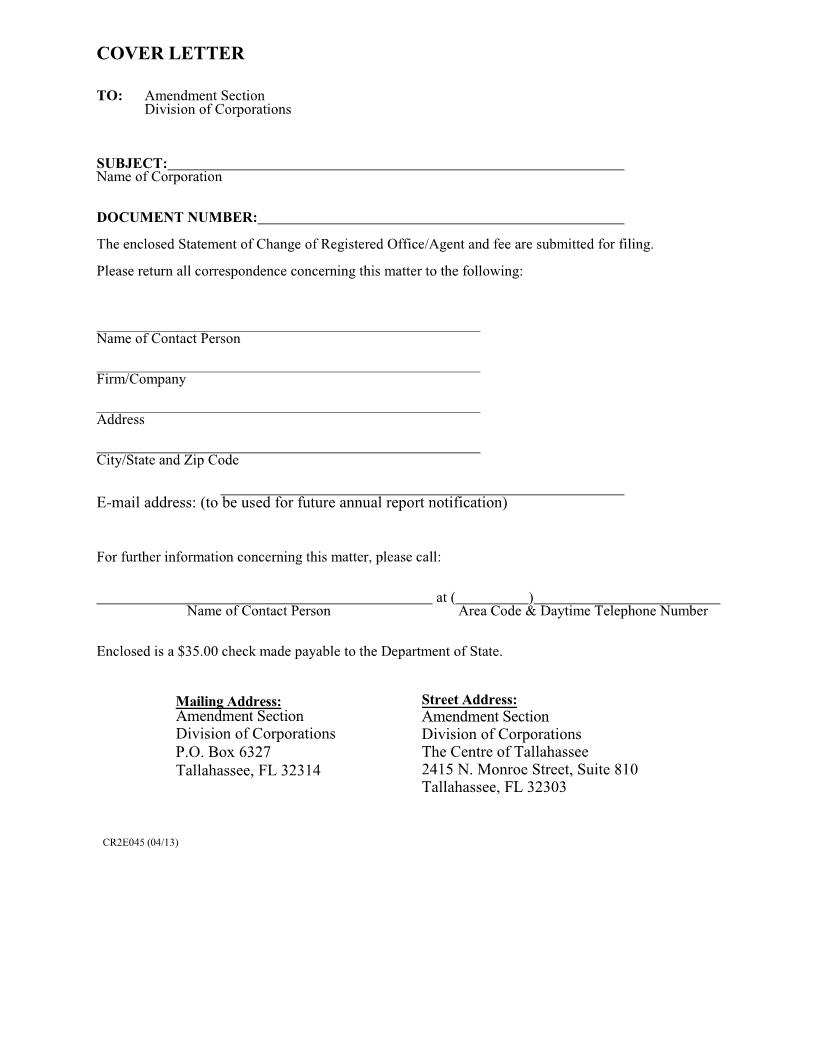 Statement Of Change Of Registered Office Or Registered Agent Or Both {CR2E045} | Pdf Fpdf Doc Docx | Florida