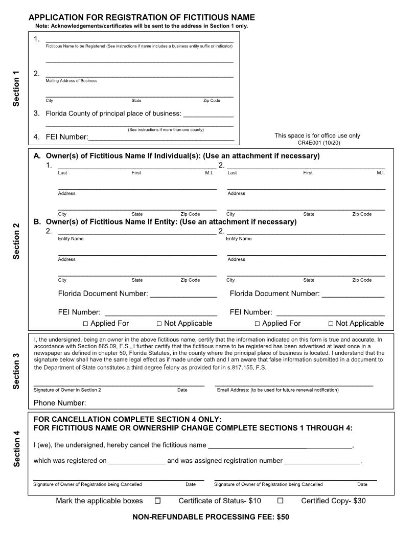 Application For Registration Of Fictitious Name {CR4E001} | Pdf Fpdf Docx | Florida