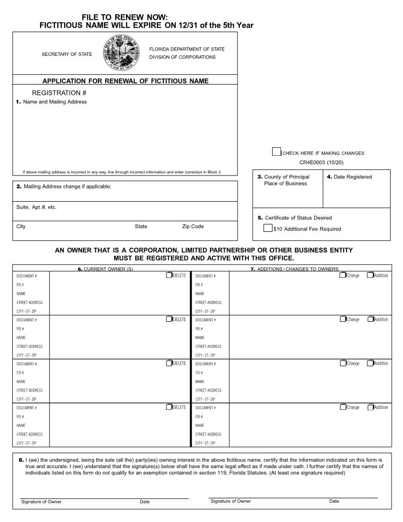 Application For Renewal Of Fictitious Name {CR4E003} | Pdf Fpdf Doc Docx | Florida