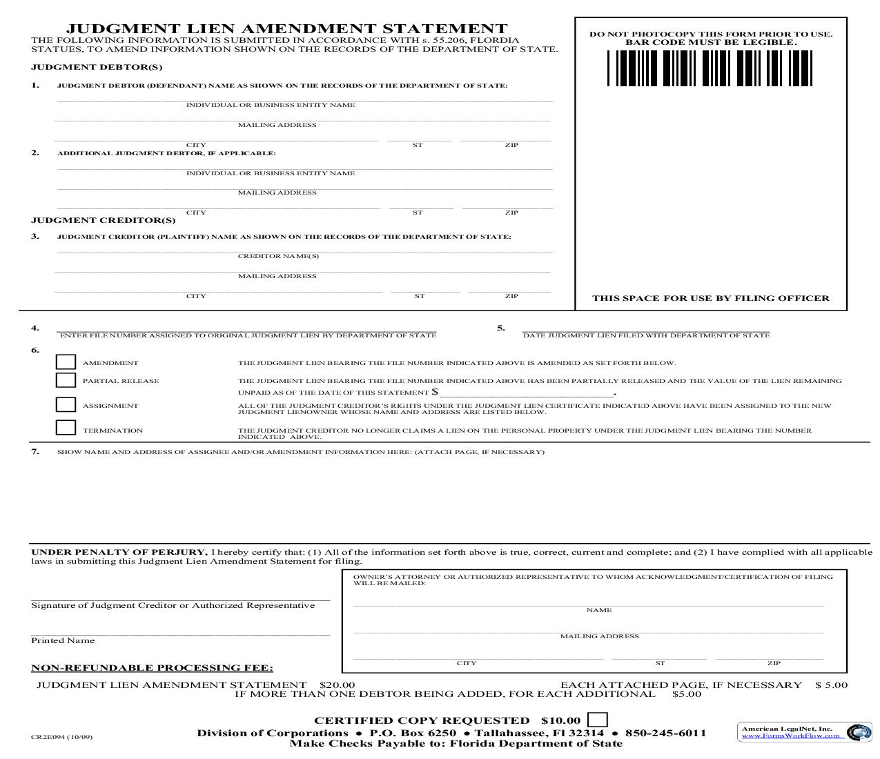 Judgment Lien Amendment Statement {CR2E094} | Pdf Fpdf Doc Docx | Florida