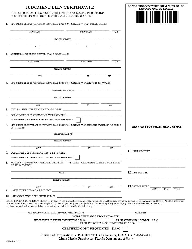 Judgment Lien Certificate {CR2E091} | Pdf Fpdf Doc Docx | Florida