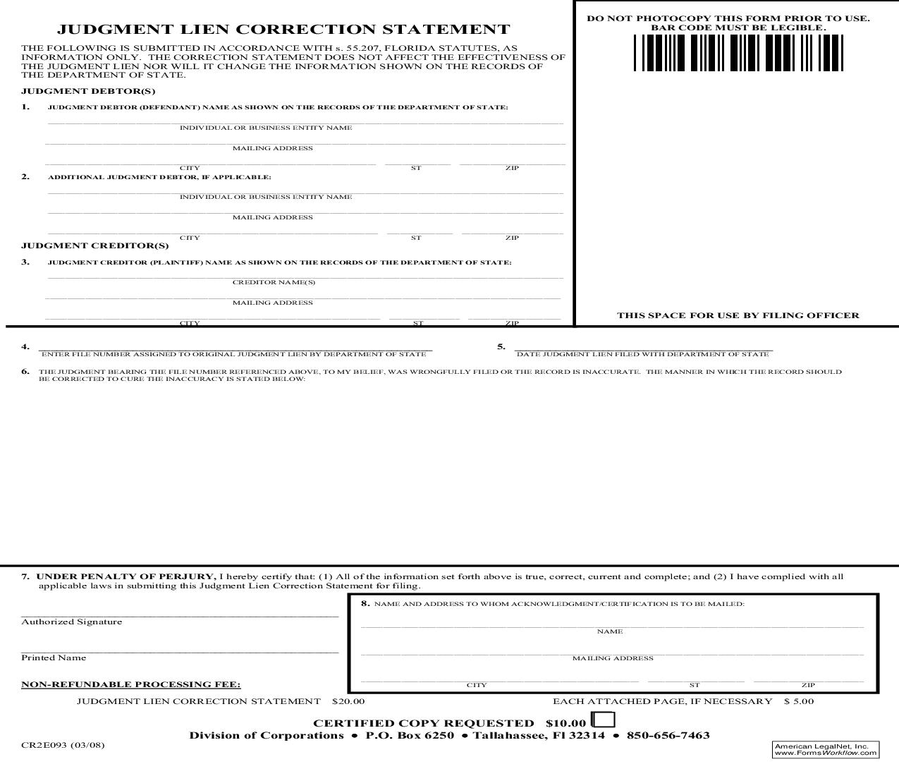 Judgment Lien Correction Statement {CR2E093} | Pdf Fpdf Doc Docx | Florida