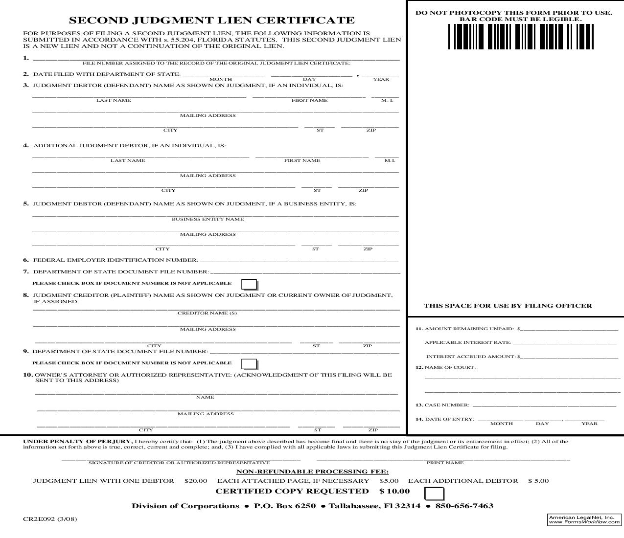 Second Judgment Lien Certificate {CR2E092} | Pdf Fpdf Doc Docx | Florida