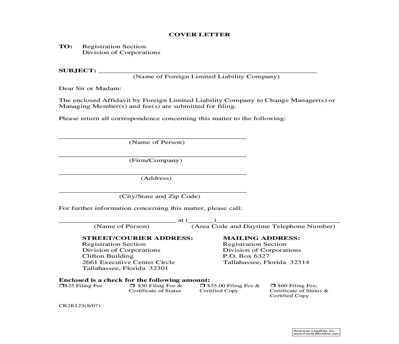 Affidavit By Foreign Limited Liability Company To Change Manager(s) Or Managing Member(s) {CR2E123} | Pdf Fpdf Doc Docx | Florida