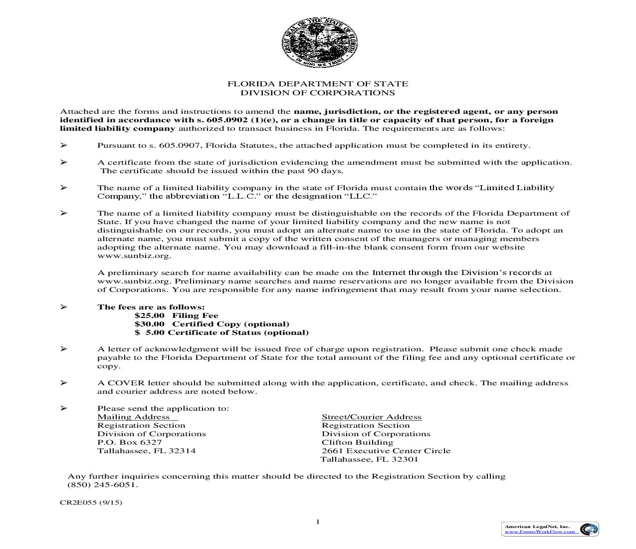 Application By Foreign LLC To File Amendment To Certificate Of Authority To Transact Business In Florida {CR2E055} | Pdf Fpdf Doc Docx | Florida