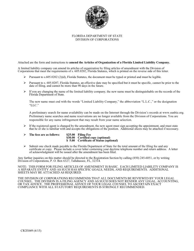Articles Of Amendment To Articles Of Organization {CR2E049} | Pdf Fpdf Doc Docx | Florida