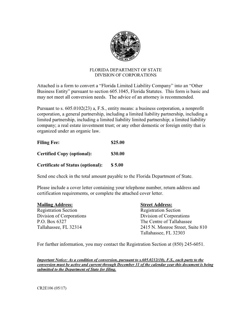 Articles Of Conversion FL LLC Into Converted Or Other Entity {CR2E106} | Pdf Fpdf Docx | Florida