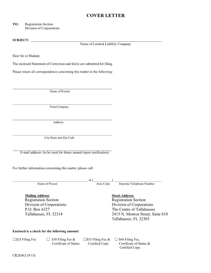 Articles Of Correction For Florida Or Foreign Limited Liability Company {CR2E062} | Pdf Fpdf Doc Docx | Florida